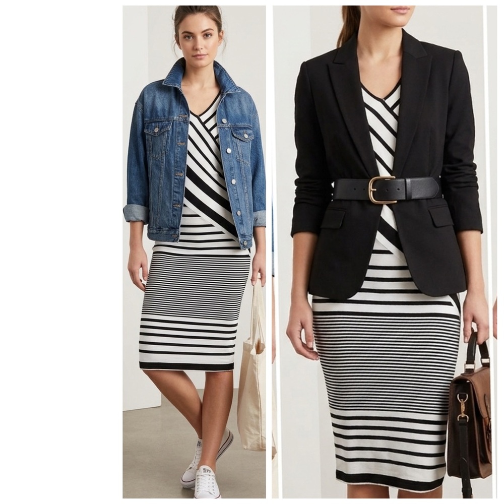 Black Bead Black & White Striped Midi Skirt